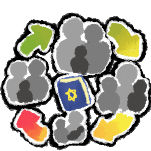  four groups of gray sillhouetted families of three with multicolored (green, yellow, orange, red) arrows connecting them in a circle. in the center is a blue book with a gold star of david on the cover